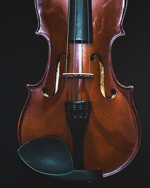 a dark wood violin is positioned in front of a black background